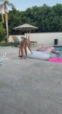 Blondie trying to sit on inflatable swan and flashing panties